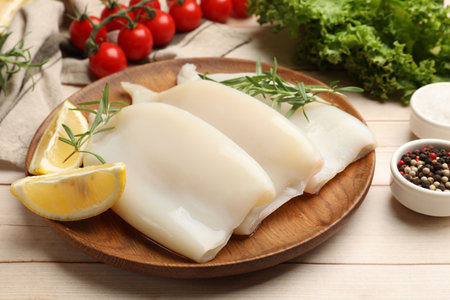 Pieces of raw squids with lemon and rosemary on light wooden table, closeup