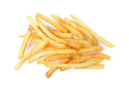 Pile of tasty French fries isolated on white, top view