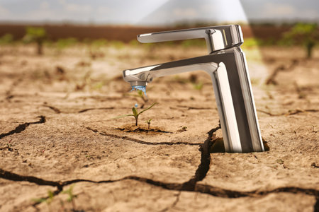 Tap with dripping water in scorched earthの写真素材