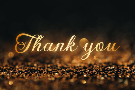 Thank you card design with words on glitters against black background, bokeh effect
