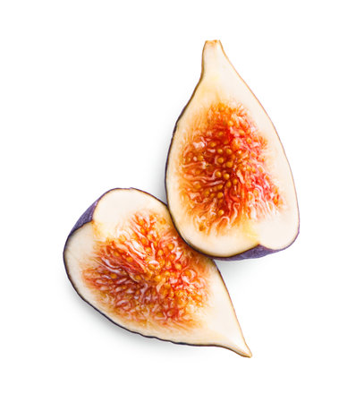Pieces of ripe fig isolated on white, top view