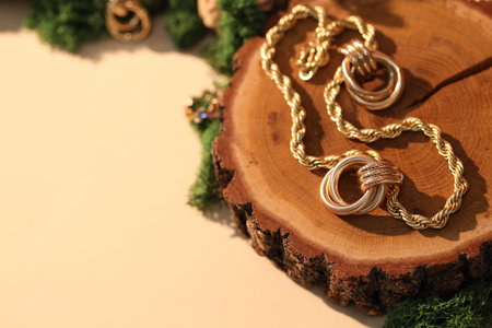 Beautiful gold jewelry and wood with moss on beige background, closeup. Space for textの写真素材