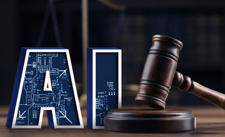 Artificial intelligence and judicial system. Judge's gavel on table and AI abbreviation with microchip patternの写真素材