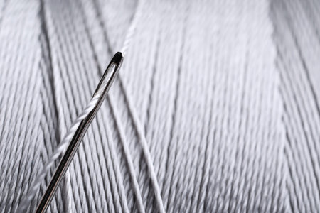 Spool of gray thread with needle, closeupの写真素材