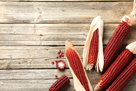 Ripe red corn cobs on wooden table, flat lay. Space for text