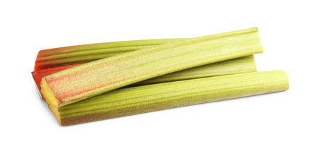 Fresh ripe rhubarb stalks isolated on whiteの写真素材