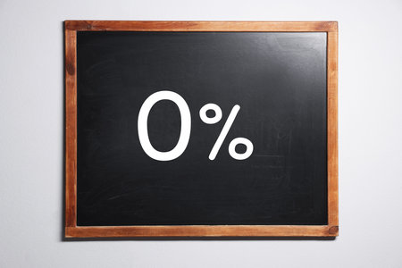 Chalkboard with 0% hanging on white wall