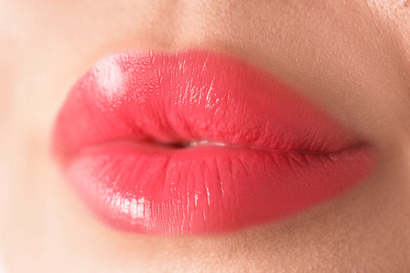Woman with lipstick on her lips, macro view