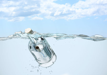 Bottle with rolled letter in water under sky