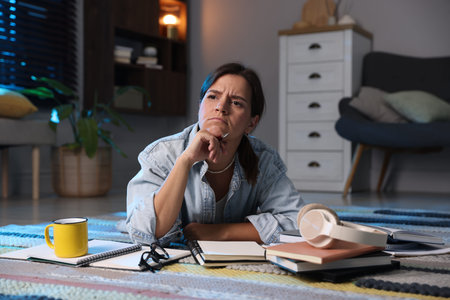 Worried student preparing for exam on floor at home