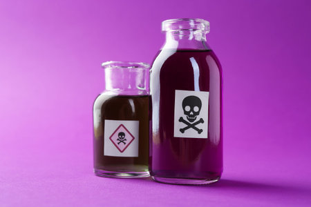 Bottles with warning signs on purple background, closeup