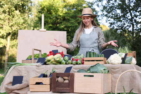 Farmer near stall with different fresh vegetables at market