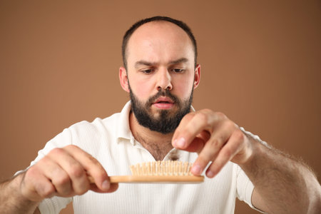 Baldness problem. Worried man taking his lost hair from brush on brown background