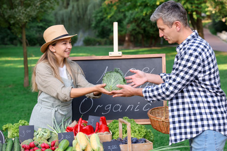 Man choosing fresh vegetables from stall at farmer's market