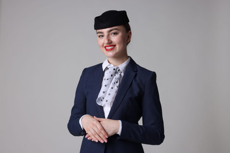 Charming stewardess in uniform on light gray background