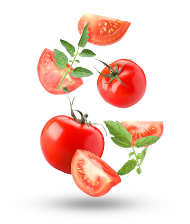 Fresh ripe tomatoes and green leaves falling against white backgroundの写真素材