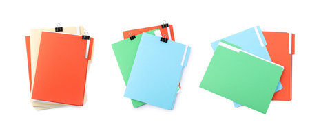 Documents in colorful file folders with binder clips isolated on white, set. Top view