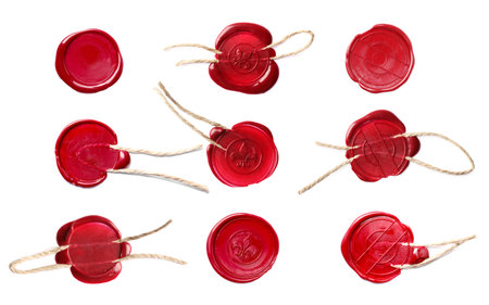 Red wax seals isolated on white, set. Top view