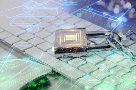 Padlock with digital fingerprint scan and chain on computer keyboard, color toned. Circuit board...