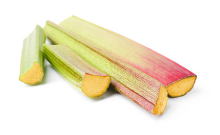 Fresh ripe rhubarb stalks isolated on white