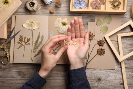 Woman putting dry flowers into notebook at wooden table, top viewの写真素材