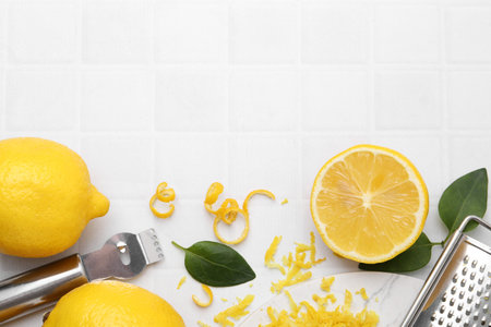 Lemon zest, fresh fruits, tools and green leaves on white tiled table, flat lay. Space for text