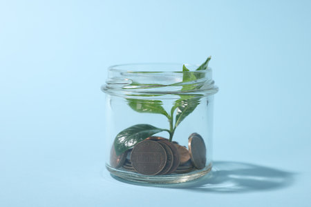 Glass jar with coins and sprout on light blue background, closeupの写真素材