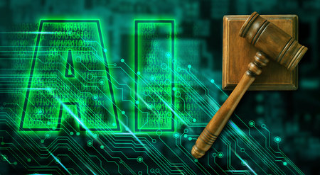 Artificial intelligence and judicial system. Judge's gavel, AI abbreviation with binary code and...