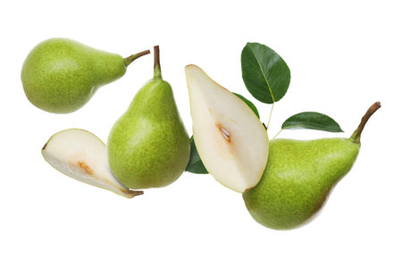 Fresh green pears flying in the air on white backgroundの写真素材