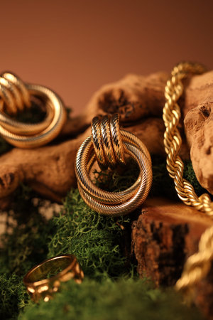 Beautiful gold jewelry on wood with moss against brown background, closeupの写真素材