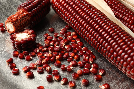 Ripe red corn cobs and kernels on silver textured table, closeup