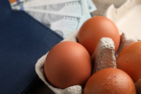 Raw chicken eggs in egg carton on table, closeup