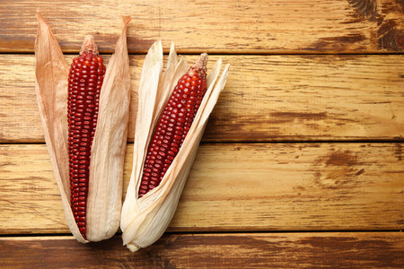 Ripe red corn cobs on wooden table, flat lay. Space for textの写真素材