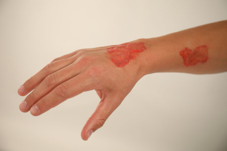 Man with burned hand on light gray background, closeupのeditorial素材