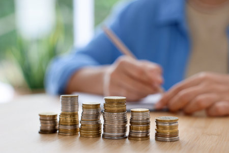 Woman working at wooden table indoors, focus on stacks of coins
