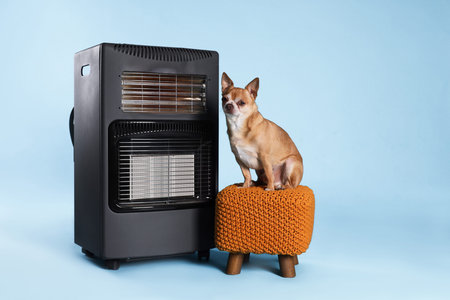 Cute little dog on pouf near electric heater against light blue backgroundの写真素材