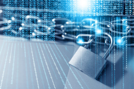 Padlock with chain on laptop, toned in blue. Programming codes. Cyber security