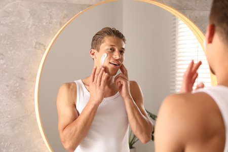 Handsome young man applying cream onto his face near mirror in bathroomの写真素材