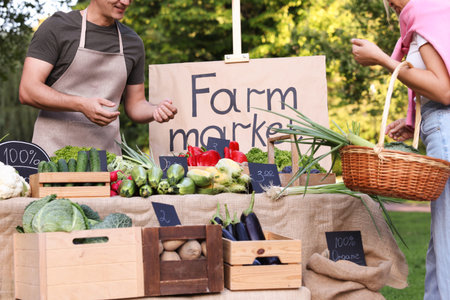 Woman choosing fresh vegetables from stall at farmer's market, closeupの写真素材