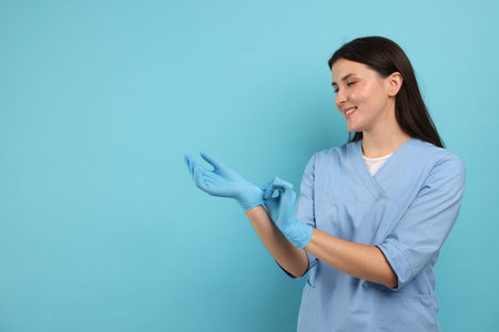 Nurse in uniform wearing gloves on light blue background, space for text