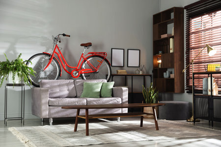 Red bicycle, sofa and houseplants in roomの写真素材