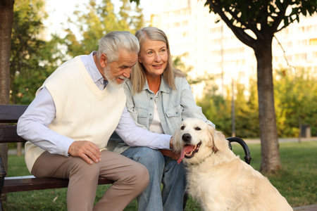 Happy senior couple with adorable Golden Retriever dog on bench outdoorsの写真素材