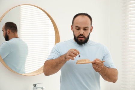 Baldness problem. Worried man taking his lost hair from brush near mirror in bathroomの写真素材