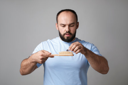 Baldness problem. Worried man with brush and clump of lost hair on gray backgroundの写真素材