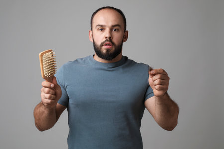 Baldness problem. Worried man with brush and clump of lost hair on gray backgroundの写真素材
