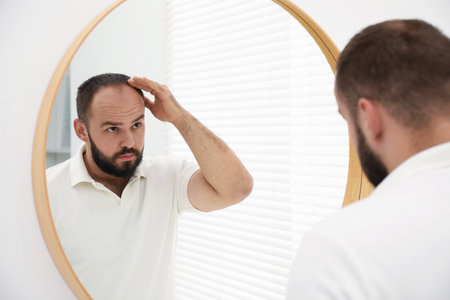 Baldness problem. Man with receding hairline near mirror at homeの写真素材