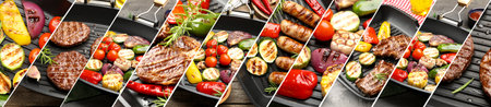 Pan with grilled meat products and vegetables, collageの写真素材