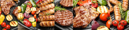 Pan with grilled meat products and vegetables, collageの写真素材
