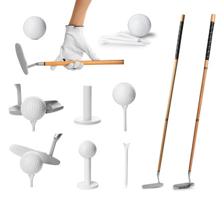 Golf club, ball, tee and player's hand in glove isolated on white, setの写真素材