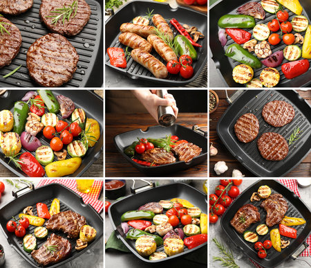 Pan with grilled meat products and vegetables, collageの写真素材